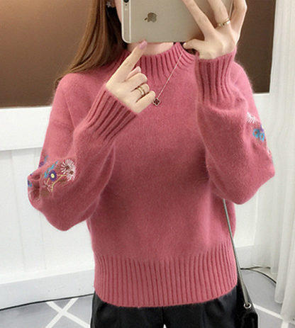 Women's Warm Turtleneck Jumper with Floral Embroidery | Ideal for Winter