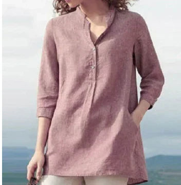 Women's Casual Linen Cotton Top with Stand-Up Collar