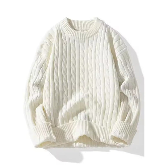 Men's White Cashmere Crew Neck Jumper with Stylish Braided Pattern | Ideal for Winter