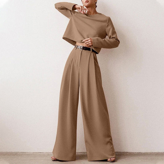 Women's Elegant Cropped Long Sleeve Trouser Co-Ord Set with Wide Leg Pants | Ideal for Spring/Summer