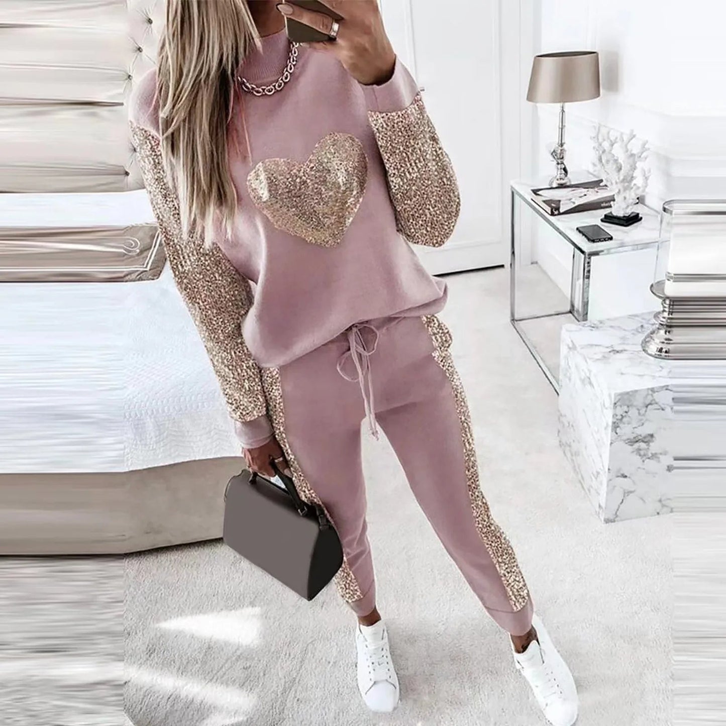 Women's Elegant Sequined Heart Blouse and Pants Co ords Set | Ideal for Spring/Summer