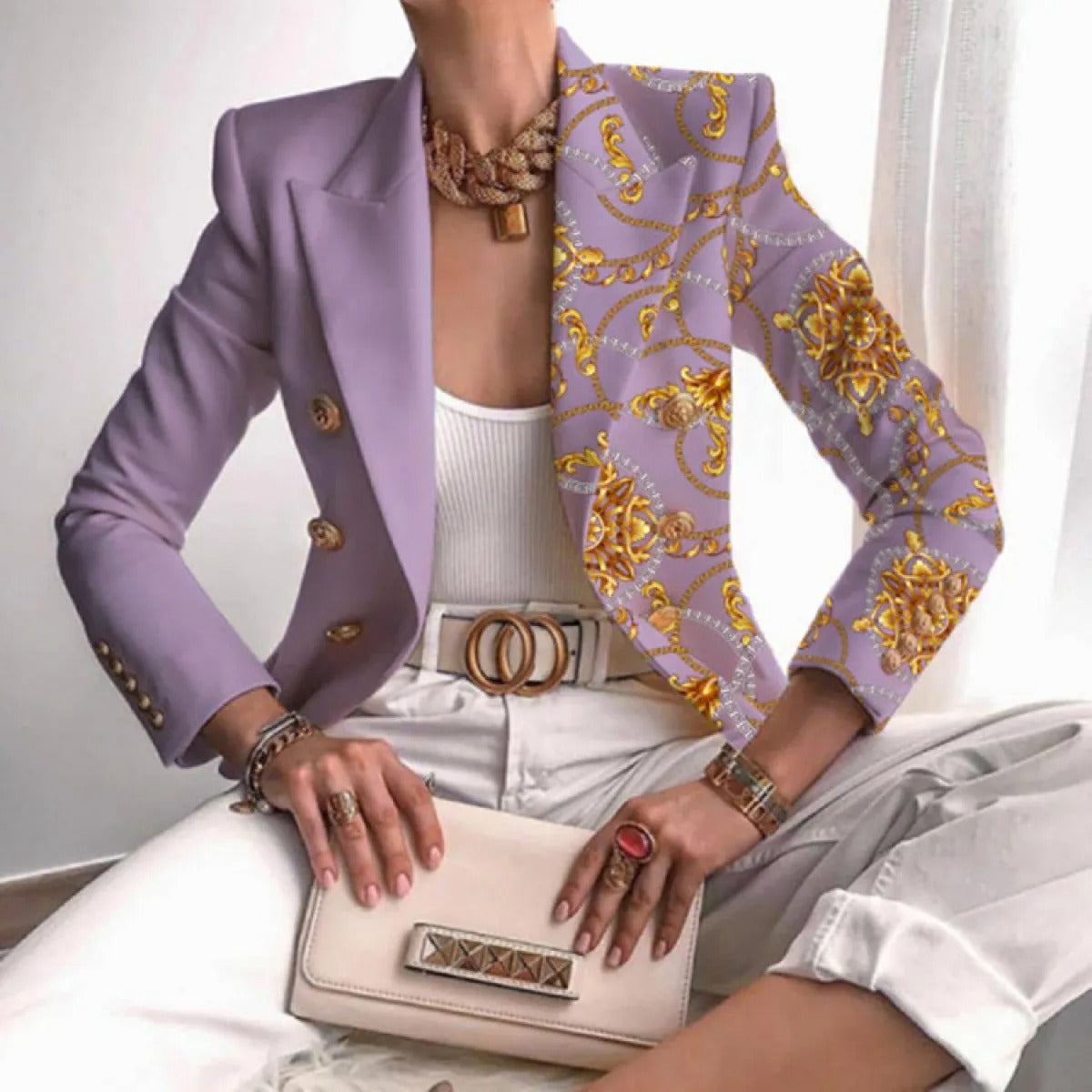 Women's Asymmetrical Blazer with Ornate Gold and Chain Print | Perfect for Casual Days