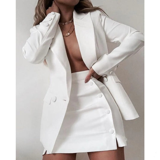 Women's Elegant White Buttoned Blazer with Skirt | Perfect for Casual Days