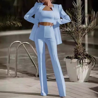 Women's Modern Solid Color Blazer with Highwaist Trouser and Bralette Set | Perfect for Casual Days