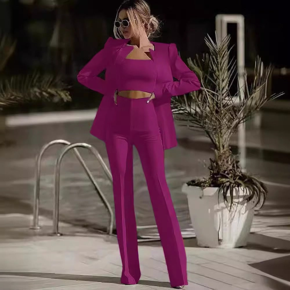 Women's Modern Solid Color Blazer with Highwaist Trouser and Bralette Set | Perfect for Casual Days