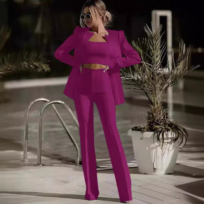 Women's Modern Solid Color Blazer with Highwaist Trouser and Bralette Set | Perfect for Casual Days