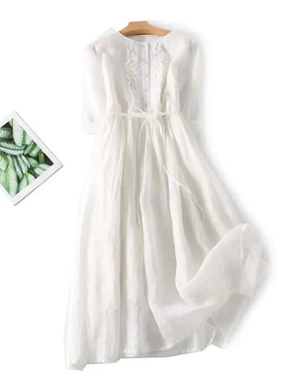 Women's Elegant Linen Midi Dress with Adjustable Waist Tie