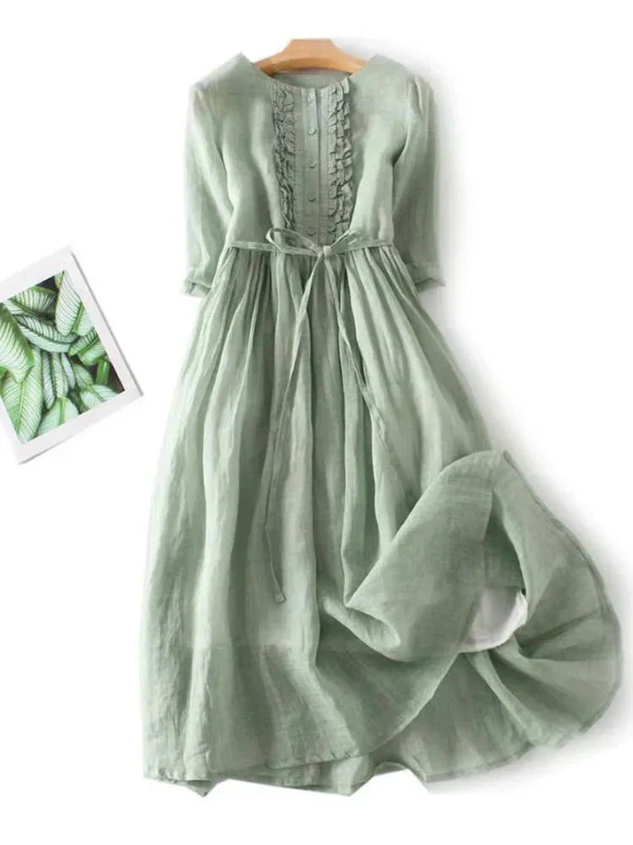 Women's Elegant Linen Midi Dress with Adjustable Waist Tie