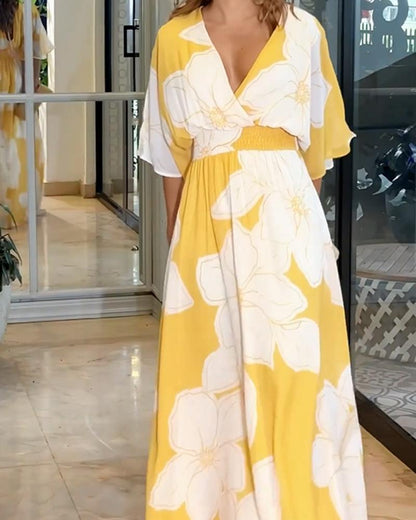 Women's Elegant Floral Maxi Dress with Contrast Details