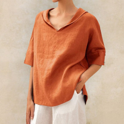 Women's Casual Lightweight Linen Shirt with V-Neck Design