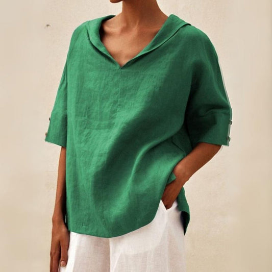 Women's Casual Lightweight Linen Shirt with V-Neck Design