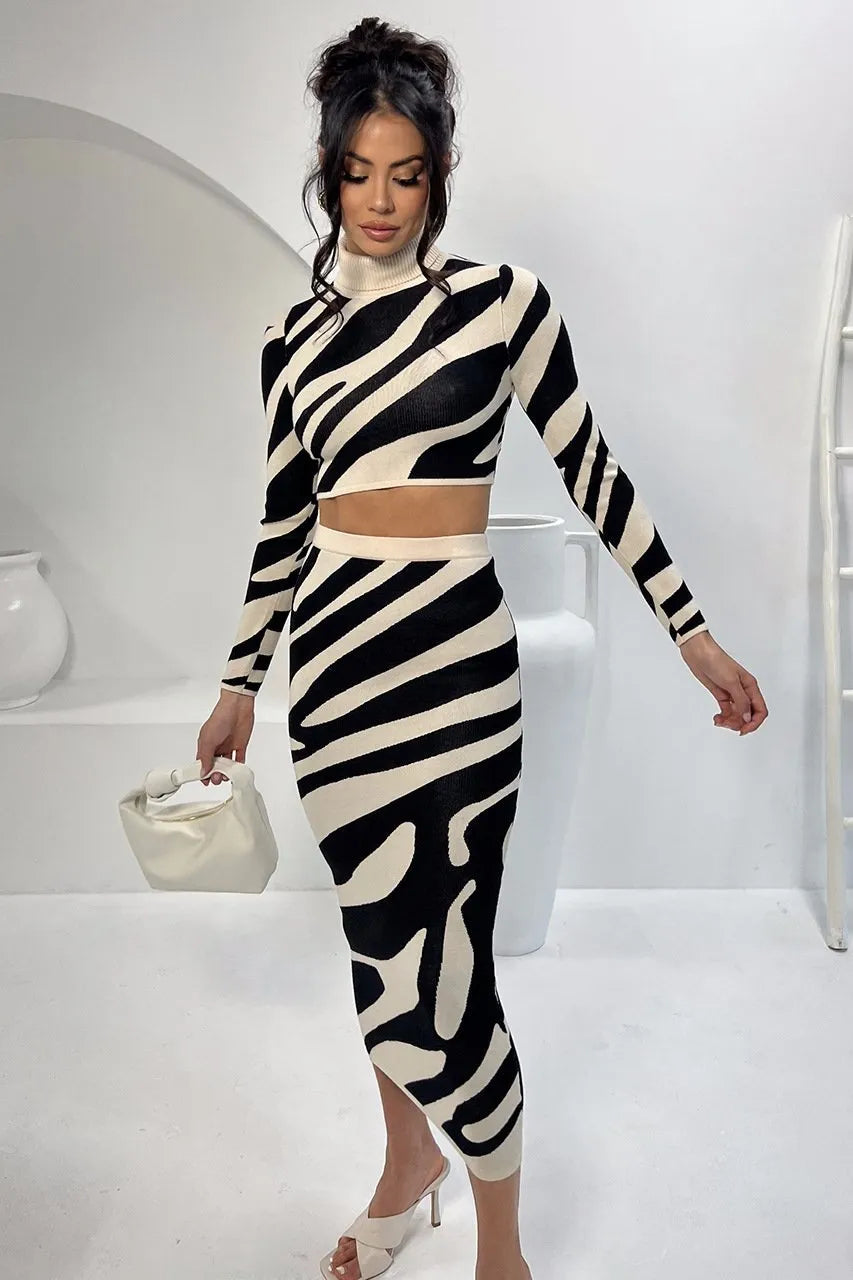 Women's Elegant Long-Sleeved Top Set with High-Waisted Skirt