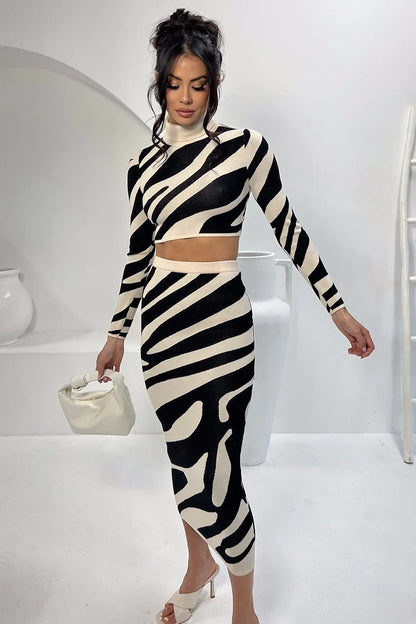 Women's Elegant Long-Sleeved Top Set with High-Waisted Skirt