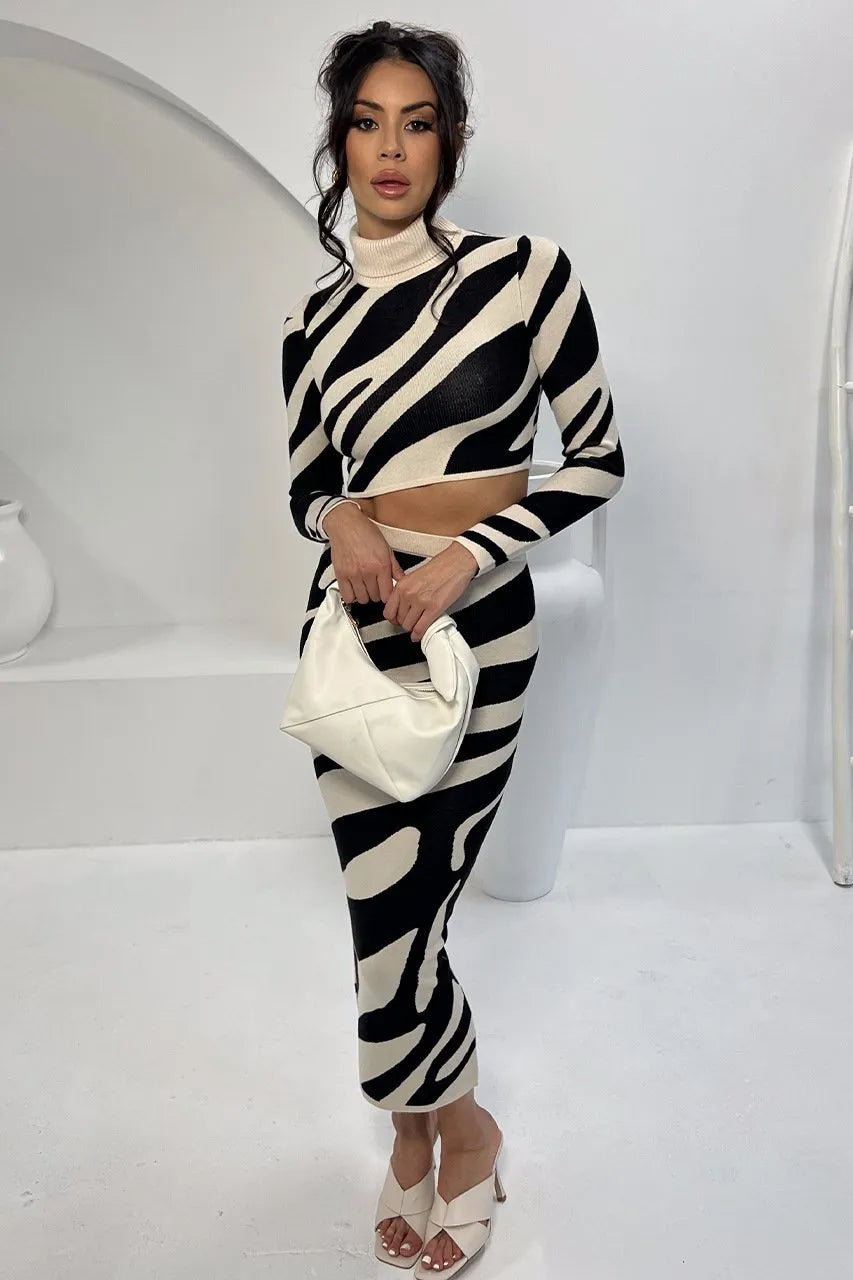 Women's Elegant Long-Sleeved Top Set with High-Waisted Skirt