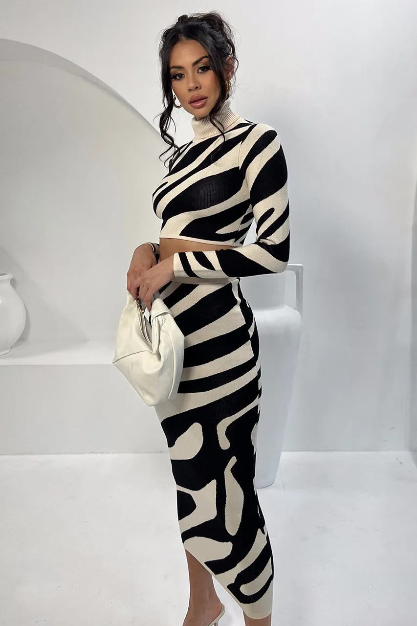 Women's Elegant Long-Sleeved Top Set with High-Waisted Skirt