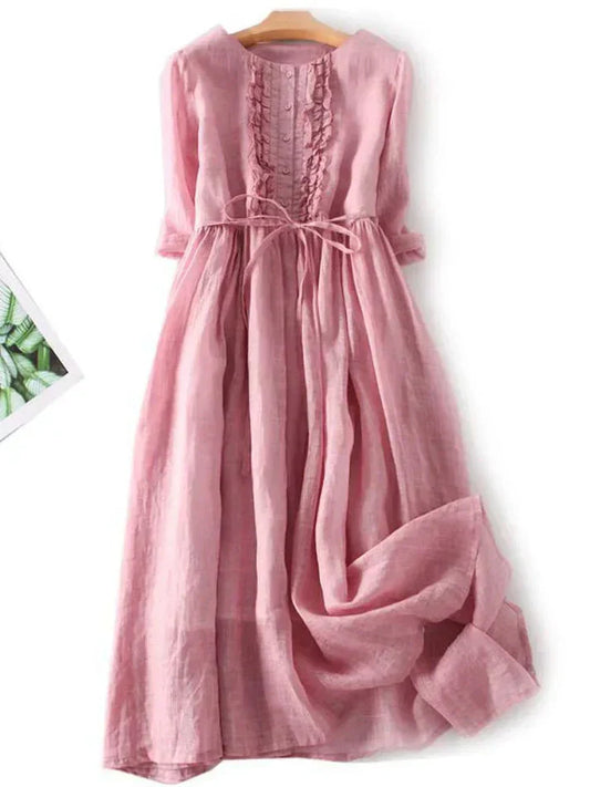 Women's Elegant Linen Midi Dress with Adjustable Waist Tie