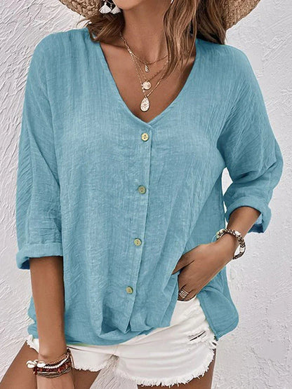 Women's Stylish Linen Blouse with V-Neck Design