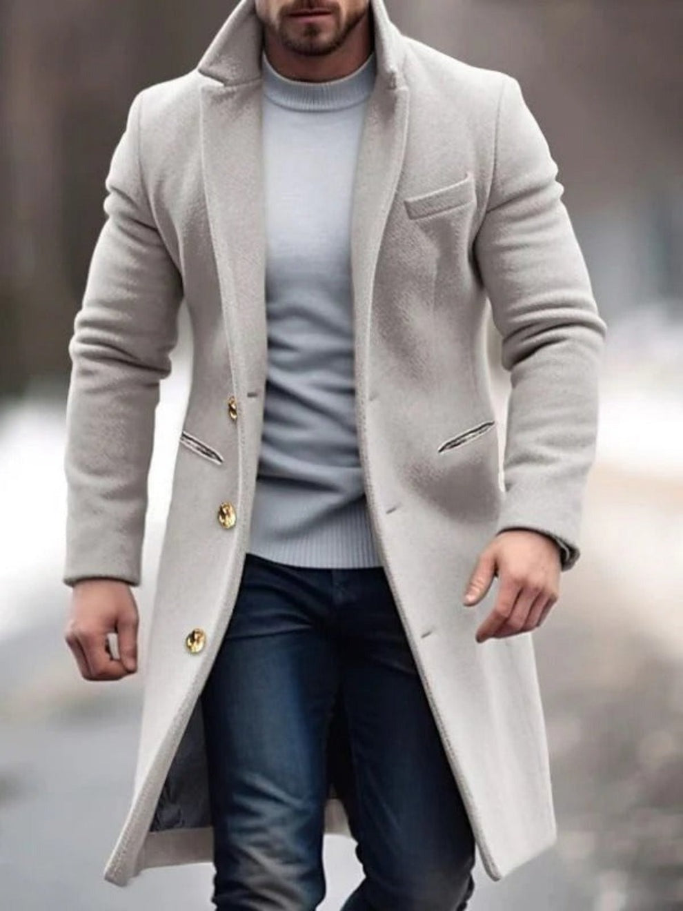 Men's Classic Long Wool Winter Coat with Button Closure | Ideal for Autumn/Winter