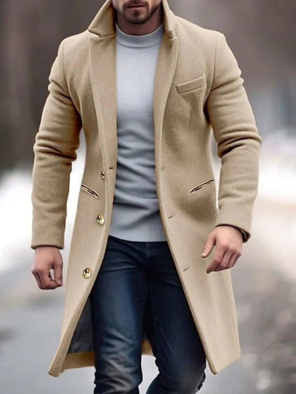 Men's Classic Long Wool Winter Coat with Button Closure | Ideal for Autumn/Winter