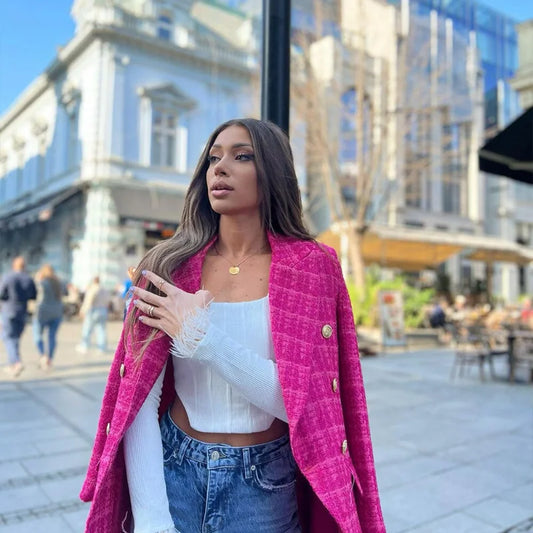Women's Trendy Mid-Length Pink Tweed Blazer with Pockets | Perfect for Casual Days