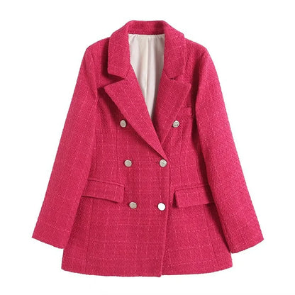 Women's Trendy Mid-Length Pink Tweed Blazer with Pockets | Perfect for Casual Days
