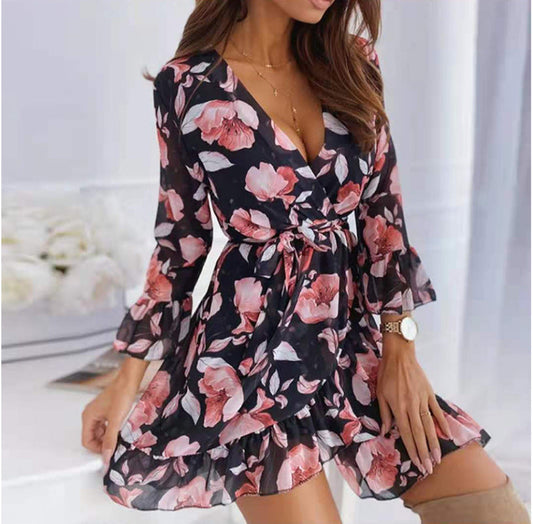 Women's Elegant Lightweight Wrap Dress with Floral Design and Ruffle Hem